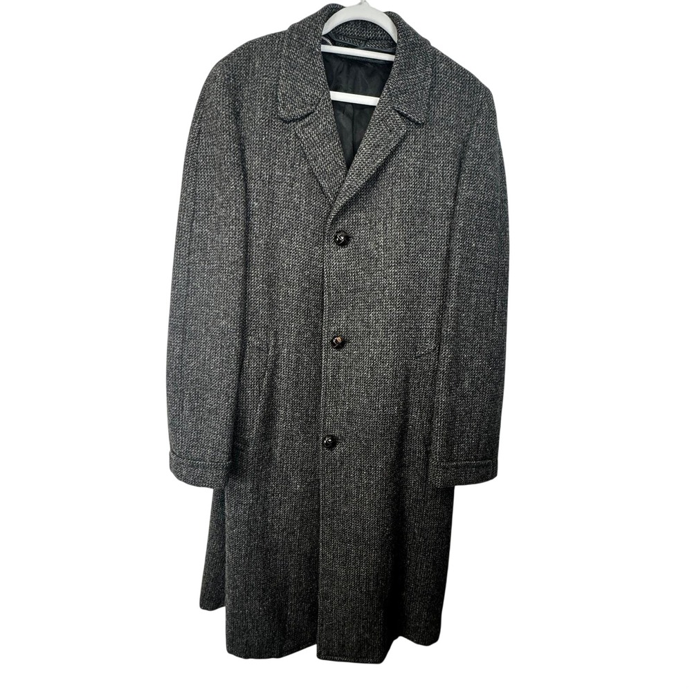 Vintage Harris Tweed Hughes Hatcher Suffrin Grey Wool Overcoat Zip Liner Mens